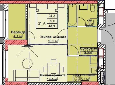 ЖК Каштановый двор, 2-комн кв 43,1 м2, за 10 214 700 ₽, 22 этаж